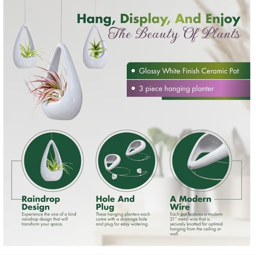 NEW! Ceramic Tear Drop Shape Air Hanging Small Plant Holder 3pc Set. - Picture 3 of 6